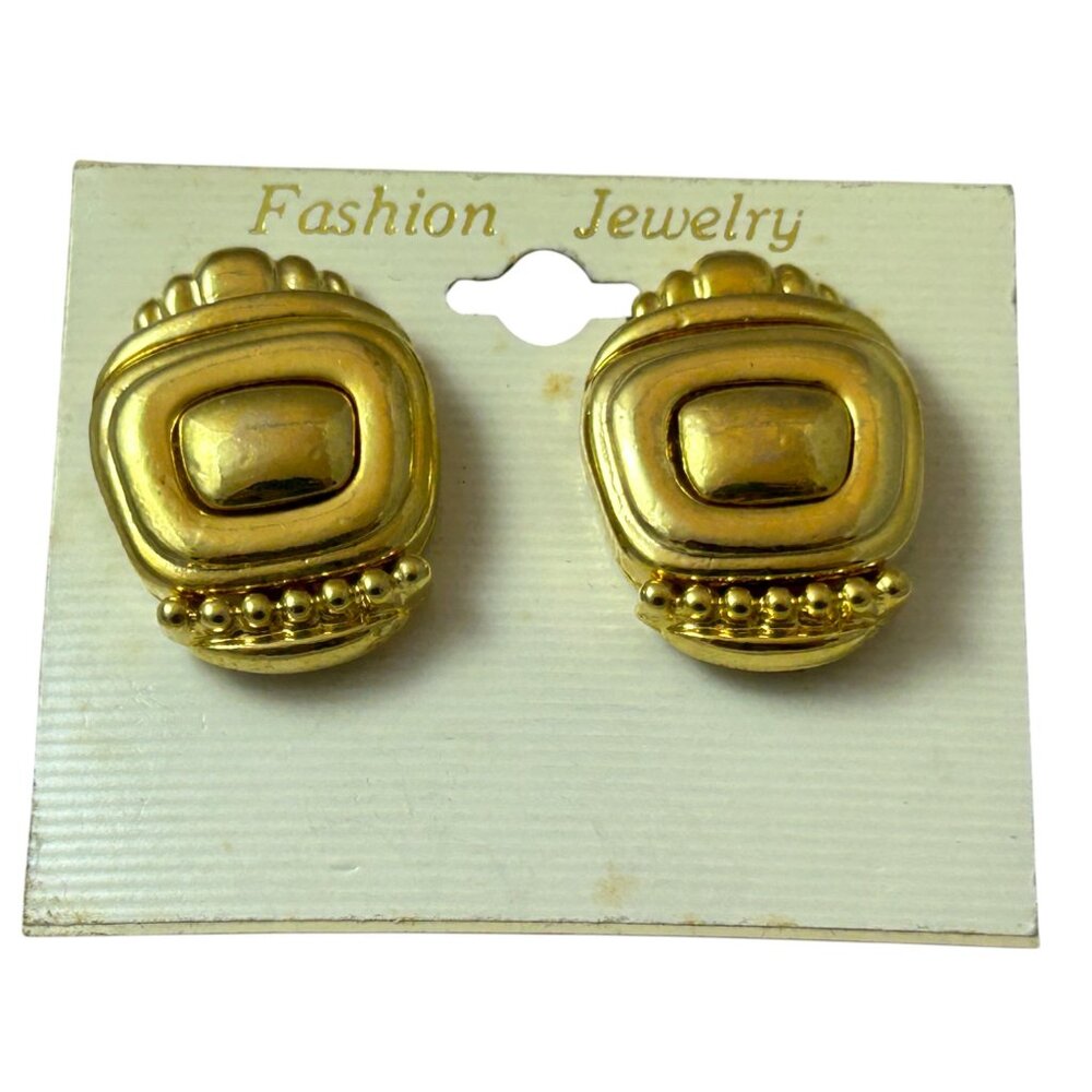 Vintage 80s Gold Tone Statement Clip On Earrings Bold Geometric Fashion Jewelry